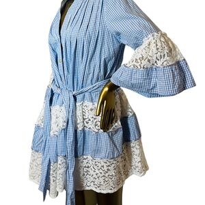 Queen Moda Italy Blue Gingham Mini Dress with Lace Ruffle Accents Size Small